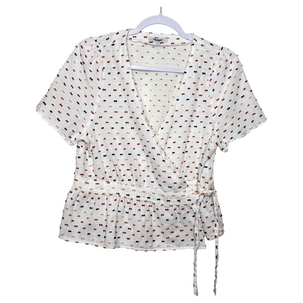 Madewell Womens Top Wrap Tie Waist Short Sleeve Print White Size Small